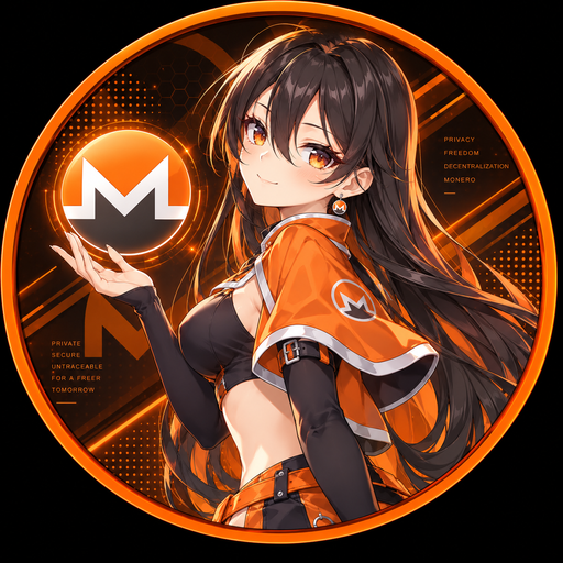 Monerochan, our orange-jacketed mascot, holding the Monero emblem